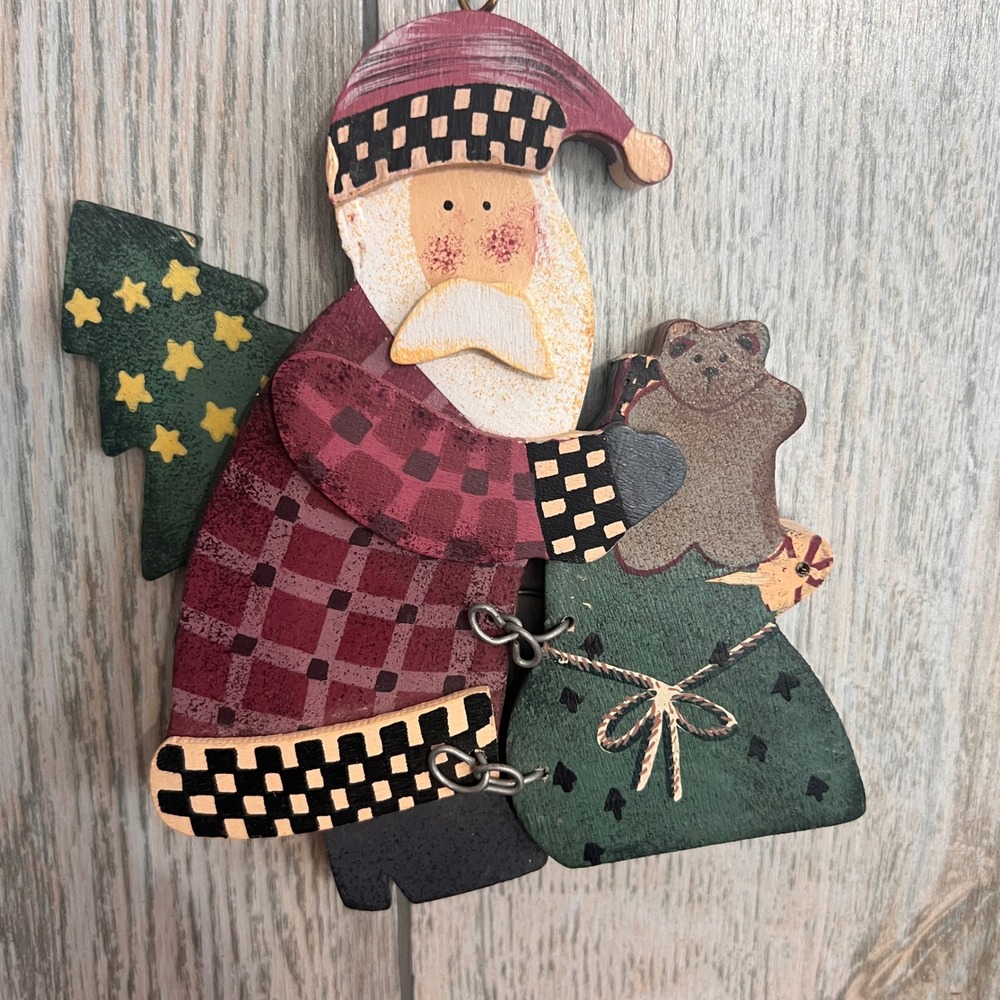 Primitive Wooden Santa Claus Christmas Ornament Folk Art Plaid Teddy Bear Tree